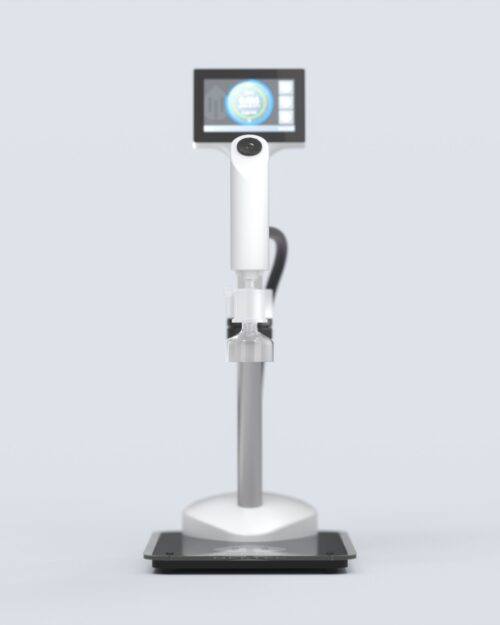 Picture show front view of a Labwater telescopic tabletop dispenser with a 0,2 µm end filter and a touchscreen controller. Dispenser can be used to dispense type 1 ultrapure water, type 2 pure water or type 3 reverse osmosis water.